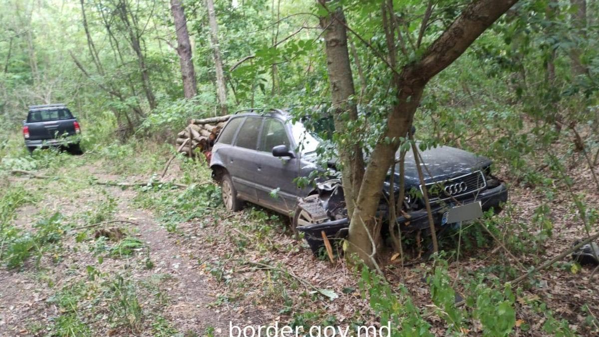 (VIDEO) Aventurile unui contrabandist, la Briceni. A accidentat autospeciala IGPF, iar mai apoi s-a bușit cu mașin într-un copac