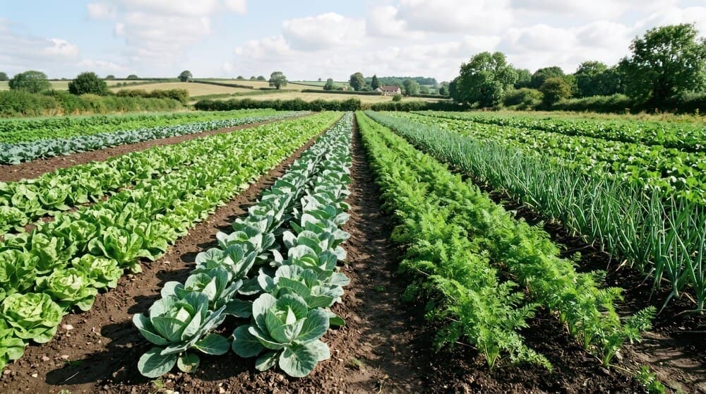 Câmp agricol cultivat, cu rânduri de culturi, la apus