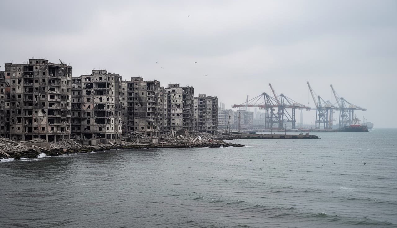 Clădiri distruse de bombardamente într-un oraș-port de la Marea Azov
