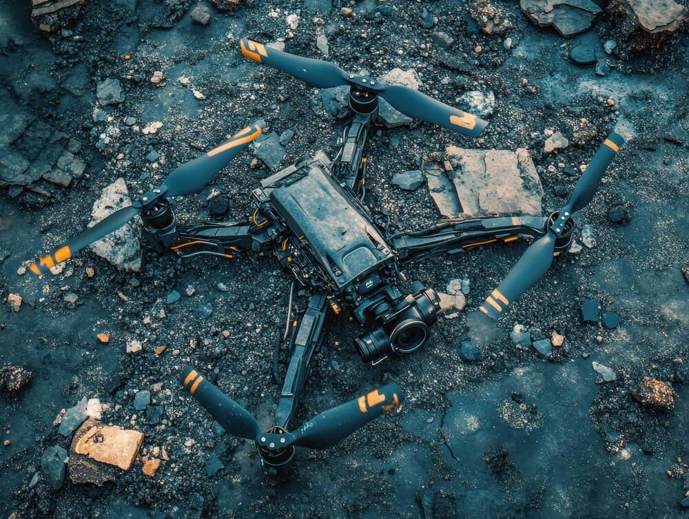Fragmente metalice ale unei drone căzute pe un câmp, lângă un crater de explozie