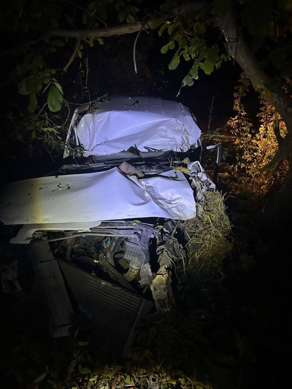 Automobil avariat lângă un copac, pe marginea unui drum regional, noaptea