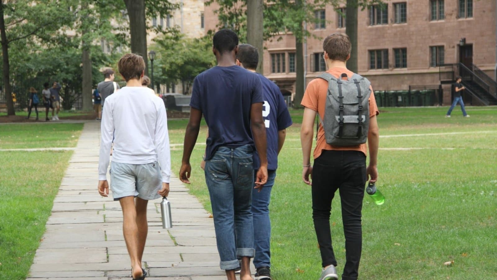Campus universitar american cu clădiri din cărămidă și alei