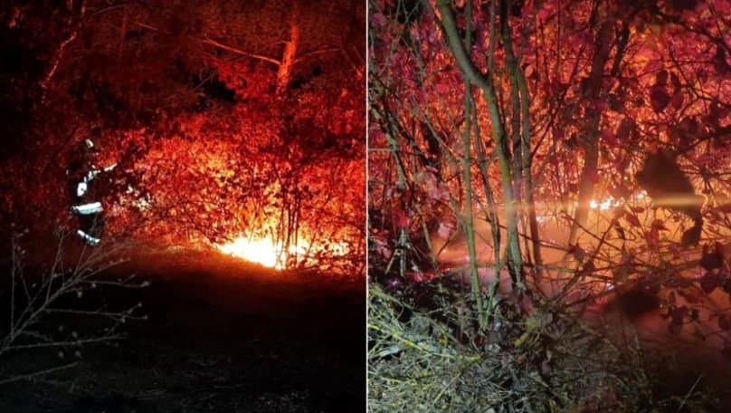Iarbă uscată cuprinsă de flăcări și fum pe un câmp de la marginea unui sat