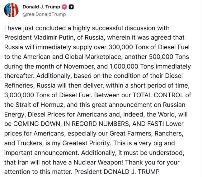 Motorină rusească pentru SUA: Trump anunță acord cu Putin pentru 300.000 de tone (FOTO)