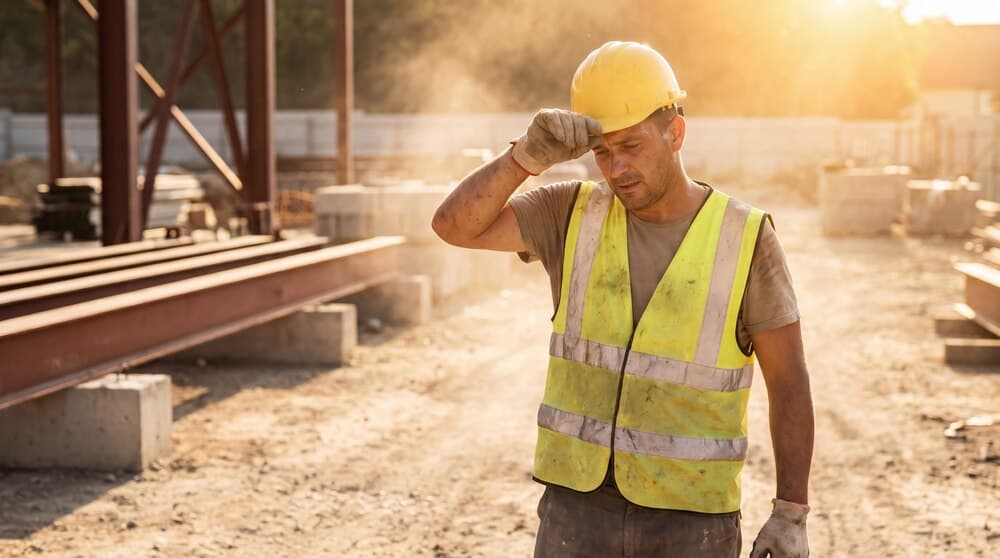 Șantier de construcții pustiu, sub un soare puternic de vară