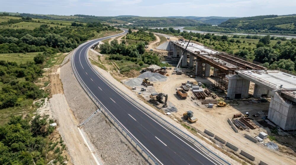 Șantier de drum cu utilaje de asfaltare pe o șosea nouă