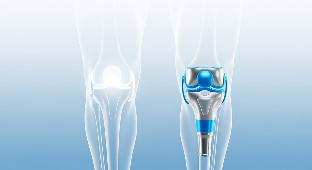 Model anatomic al unei proteze de genunchi, într-un cabinet medical de ortopedie