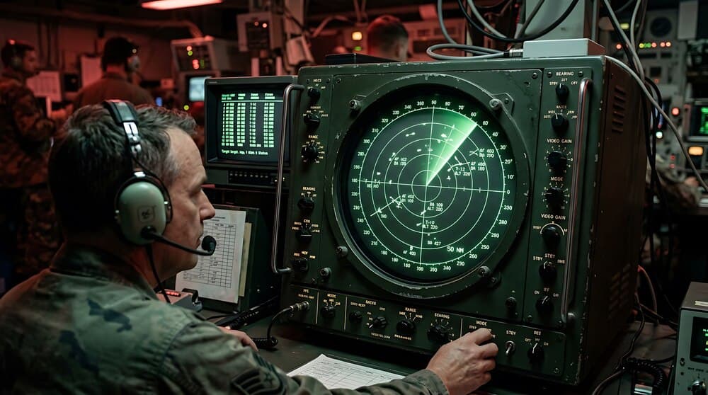 Ecran radar care afișează traiectorii de zbor, într-un centru de supraveghere aeriană