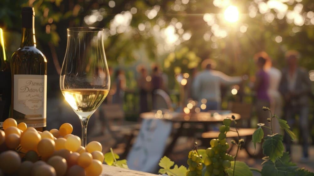 Pahare cu vin roșu și alb pe o masă de degustare, cu butoaie de lemn în fundal